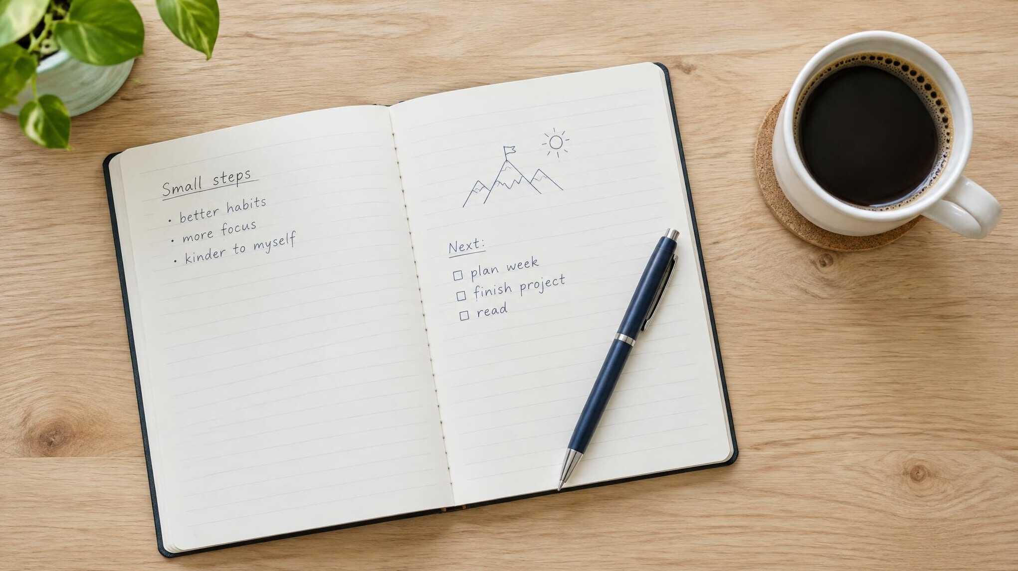 Open notebook with pen on a desk next to coffee